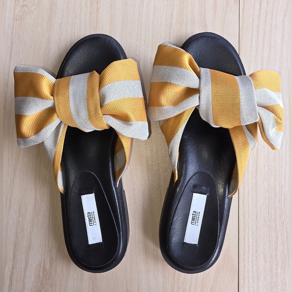 Miista Bow Tie Sandals, Gold And Cream Striped, Size 37